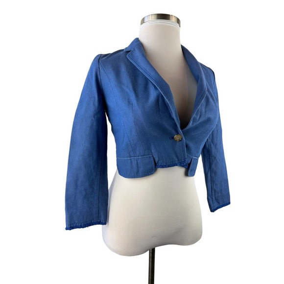 by Anthropologie Cropped Frayed Hem Blazer Blue Single Button Women's Size 2 - Picture 9 of 13